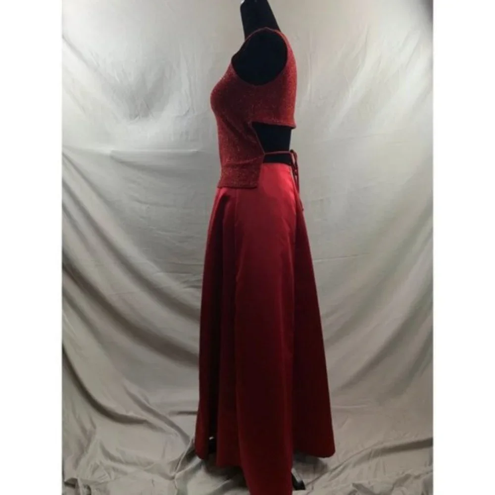 Burgundy  Evening Satin Skirt And Open Tie Back Glitter Top - Picture 3 of 5